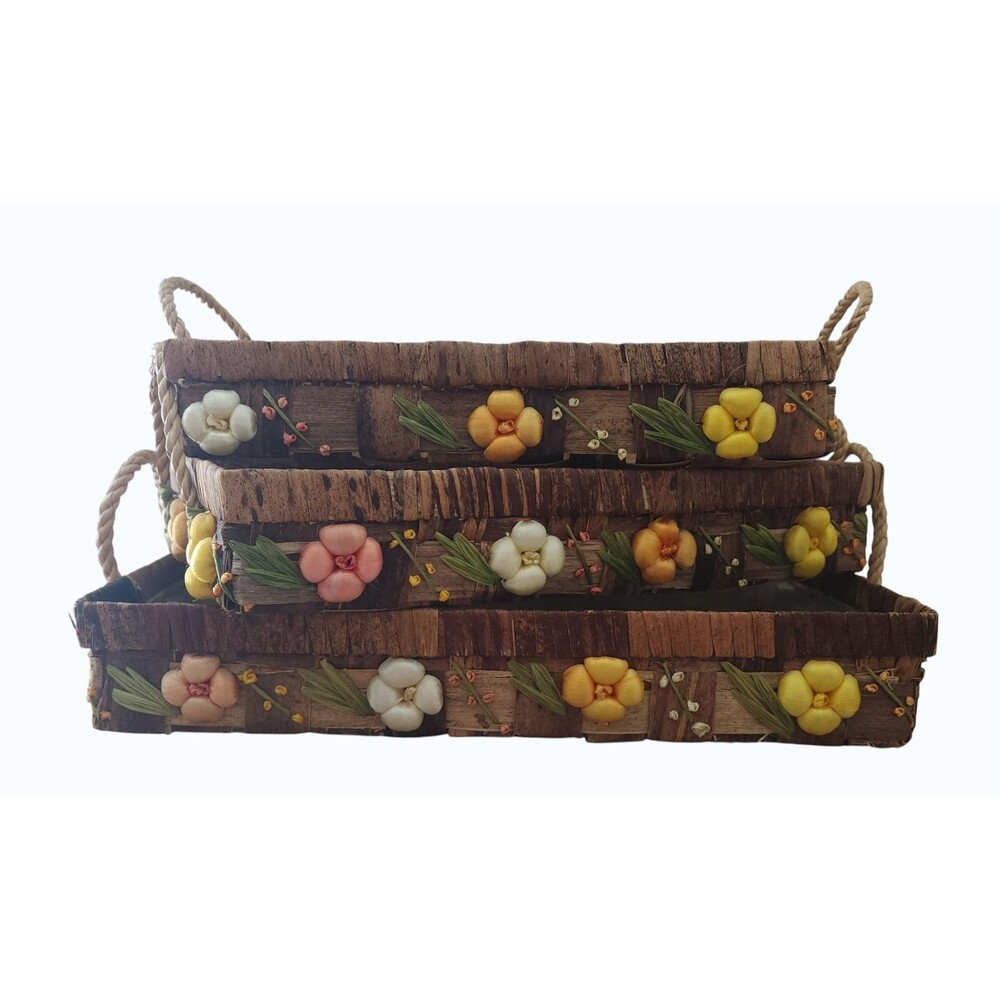 Vintage Mid Century Nesting Baskets Set of 3 3D Raffia Floral Casserole Holders